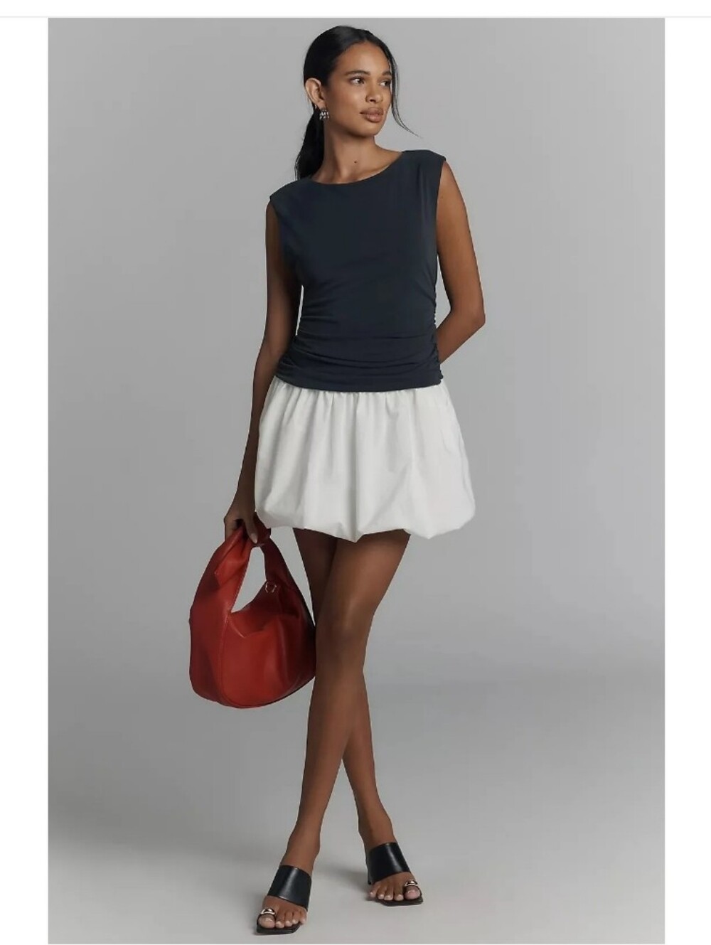 Cap-Sleeve Ruched Bubble Twofer Mini Dress
